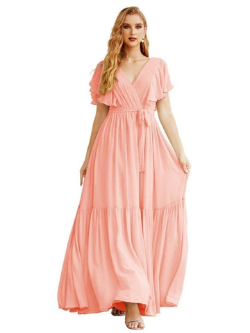 Women's Open Back Formal Evening Party Prom Gowns V-Neck Long Chiffon Bridesmaid Dresses with Waist Belt SEA28038