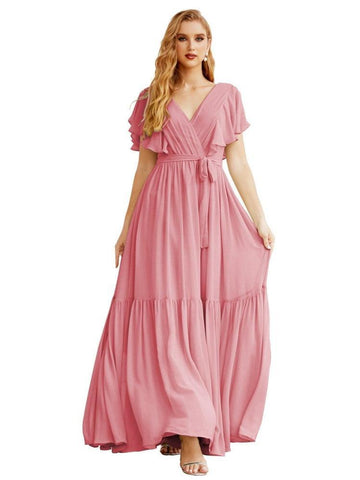 Women's Open Back Formal Evening Party Prom Gowns V-Neck Long Chiffon Bridesmaid Dresses with Waist Belt SEA28038