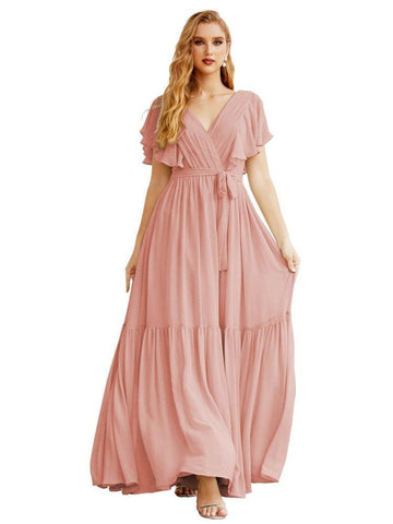 Women's Open Back Formal Evening Party Prom Gowns V-Neck Long Chiffon Bridesmaid Dresses with Waist Belt SEA28038