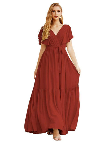 Women's Open Back Formal Evening Party Prom Gowns V-Neck Long Chiffon Bridesmaid Dresses with Waist Belt SEA28038