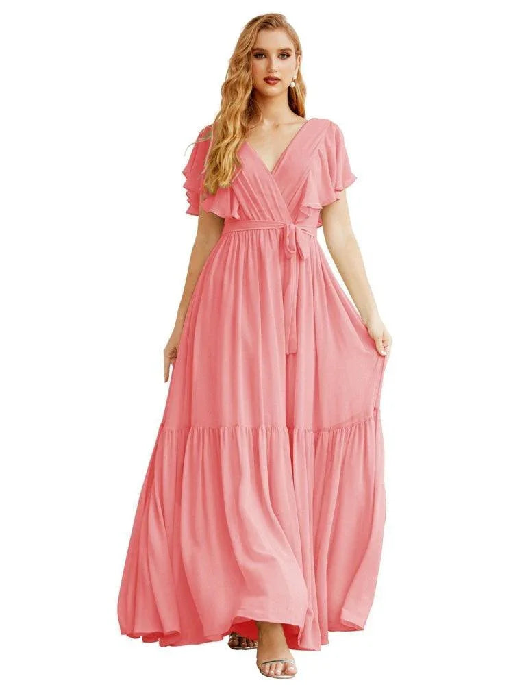 Robes de soirée formelles pour femmes à dos ouvert, col en V, longues en mousseline, robes de demoiselle d'honneur avec ceinture à la taille SEA28038