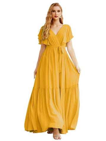 Women's Open Back Formal Evening Party Prom Gowns V-Neck Long Chiffon Bridesmaid Dresses with Waist Belt SEA28038