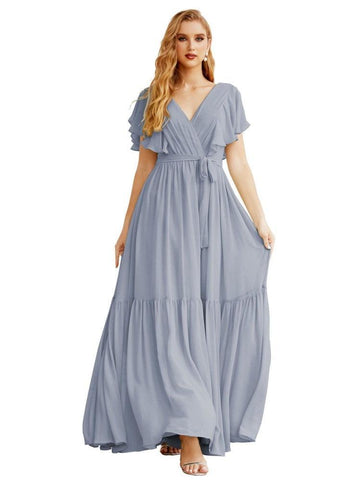 Women's Open Back Formal Evening Party Prom Gowns V-Neck Long Chiffon Bridesmaid Dresses with Waist Belt SEA28038