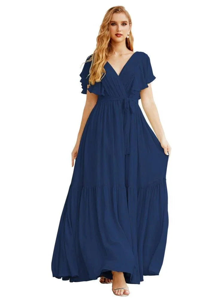 Robes de soirée formelles pour femmes à dos ouvert, col en V, longues en mousseline, robes de demoiselle d'honneur avec ceinture à la taille SEA28038