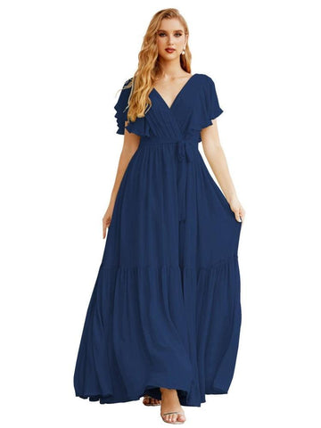 Women's Open Back Formal Evening Party Prom Gowns V-Neck Long Chiffon Bridesmaid Dresses with Waist Belt SEA28038