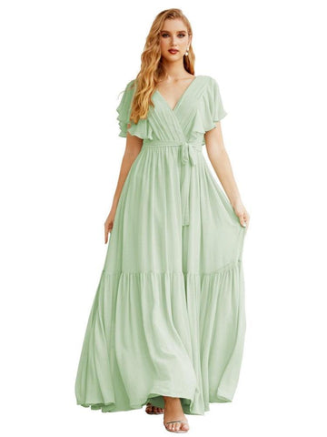 Women's Open Back Formal Evening Party Prom Gowns V-Neck Long Chiffon Bridesmaid Dresses with Waist Belt SEA28038