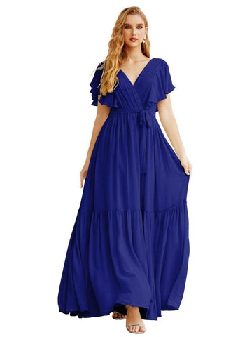 Women's Open Back Formal Evening Party Prom Gowns V-Neck Long Chiffon Bridesmaid Dresses with Waist Belt SEA28038