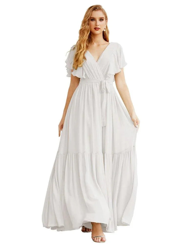 Robes de soirée formelles pour femmes à dos ouvert, col en V, longues en mousseline, robes de demoiselle d'honneur avec ceinture à la taille SEA28038