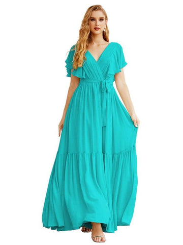 Women's Open Back Formal Evening Party Prom Gowns V-Neck Long Chiffon Bridesmaid Dresses with Waist Belt SEA28038