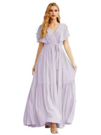Women's Open Back Formal Evening Party Prom Gowns V-Neck Long Chiffon Bridesmaid Dresses with Waist Belt SEA28038 by numbersea