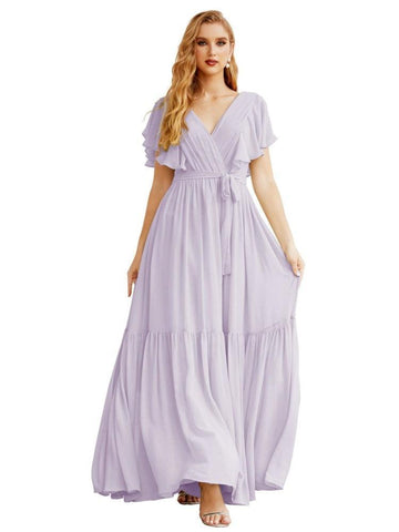 Women's Open Back Formal Evening Party Prom Gowns V-Neck Long Chiffon Bridesmaid Dresses with Waist Belt SEA28038