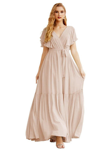 Women's Open Back Formal Evening Party Prom Gowns V-Neck Long Chiffon Bridesmaid Dresses with Waist Belt SEA28038