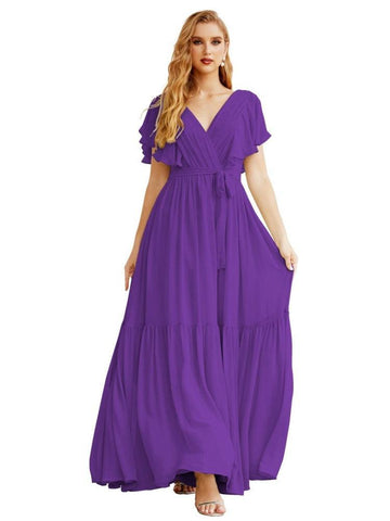 Women's Open Back Formal Evening Party Prom Gowns V-Neck Long Chiffon Bridesmaid Dresses with Waist Belt SEA28038