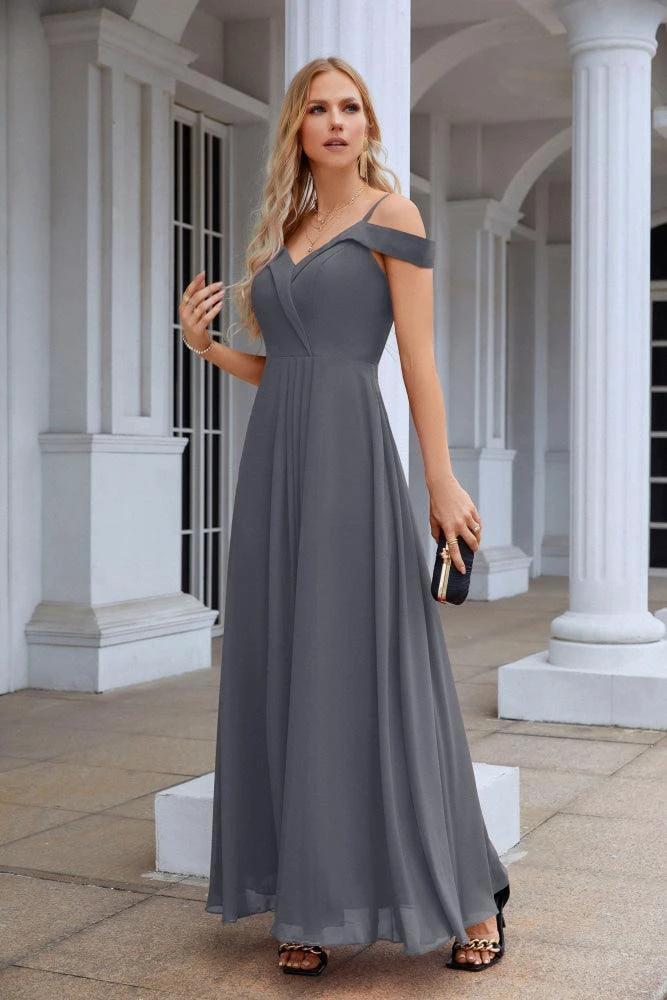 Women's thin strap off the shoulder bridesmaid mopping the floor evening dress 28093 by numbersea