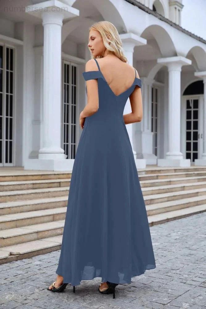 Women's thin strap off the shoulder bridesmaid mopping the floor evening dress 28093 by numbersea