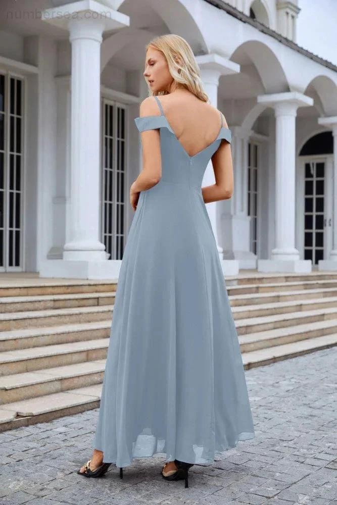 Women's thin strap off the shoulder bridesmaid mopping the floor evening dress 28093 by numbersea
