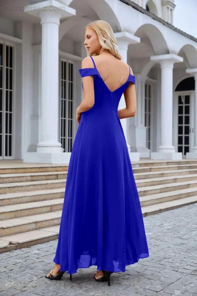 Women's thin strap off the shoulder bridesmaid mopping the floor evening dress 28093 by numbersea