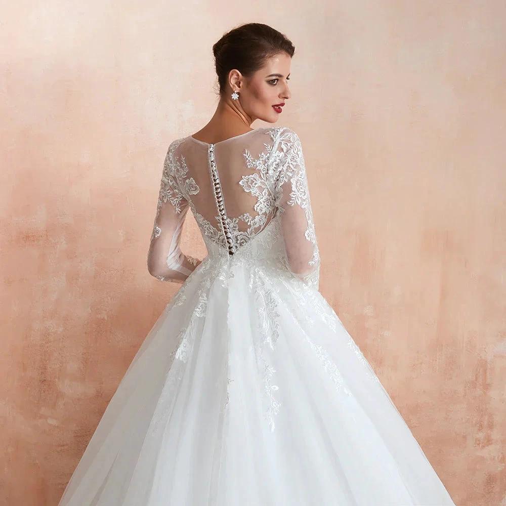 Wonderful Long A-line Appliques Tulle Wedding Dress with Sleeves by BIZTUNNEL