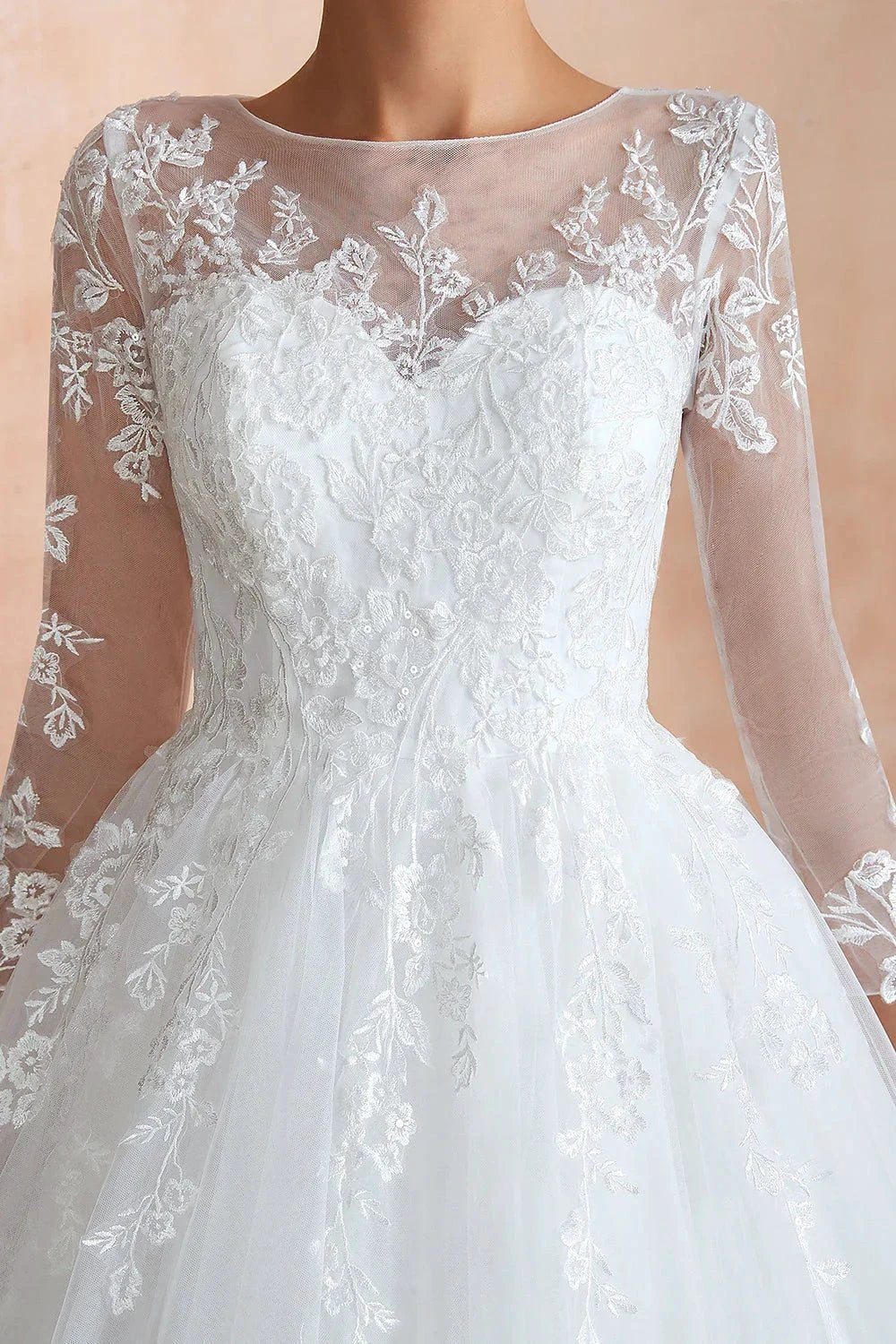Wonderful Long A-line Appliques Tulle Wedding Dress with Sleeves by BIZTUNNEL