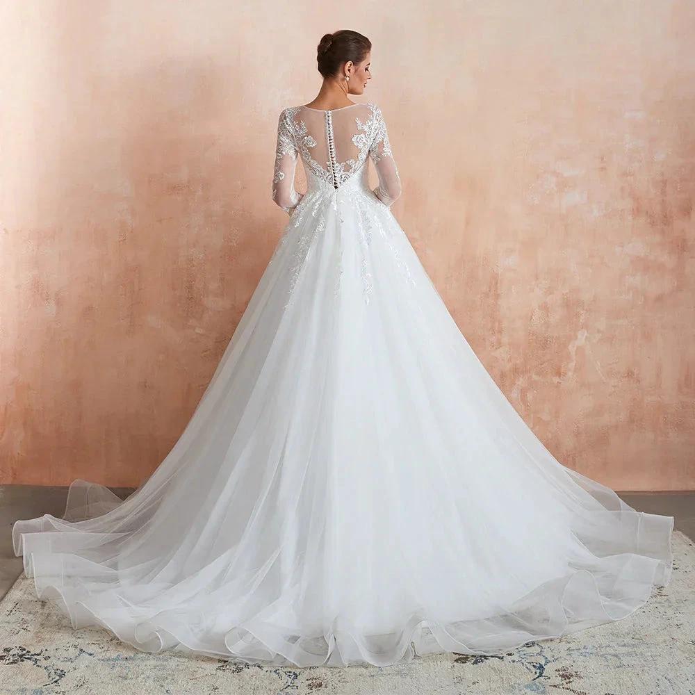 Wonderful Long A-line Appliques Tulle Wedding Dress with Sleeves by BIZTUNNEL
