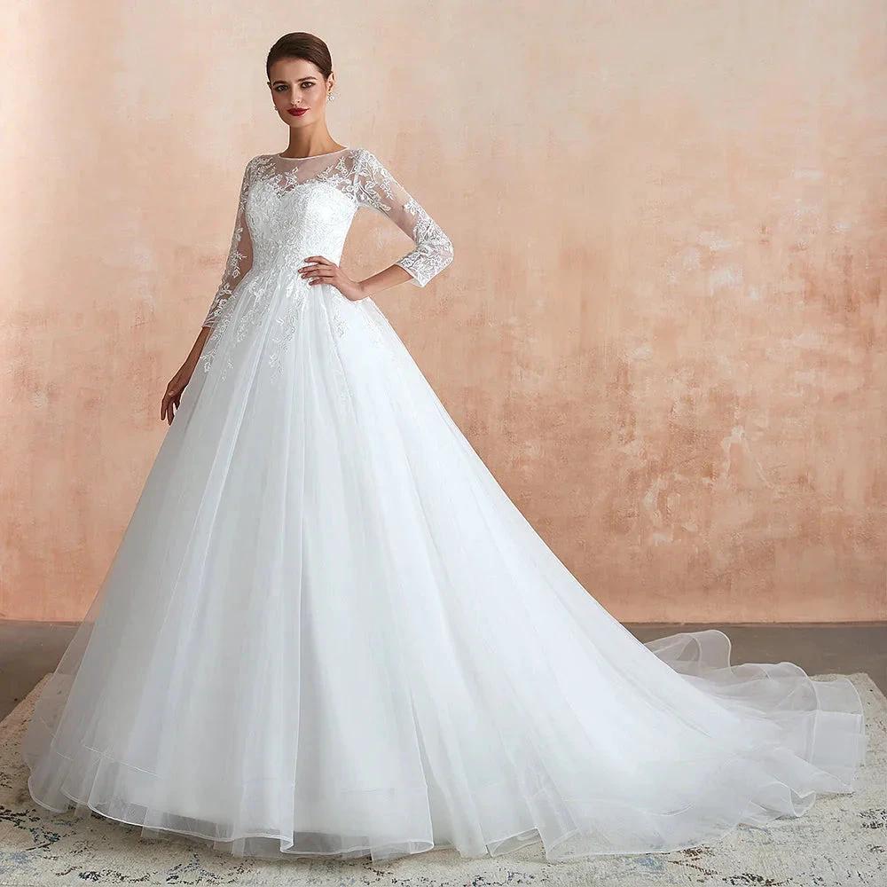 Wonderful Long A-line Appliques Tulle Wedding Dress with Sleeves by BIZTUNNEL