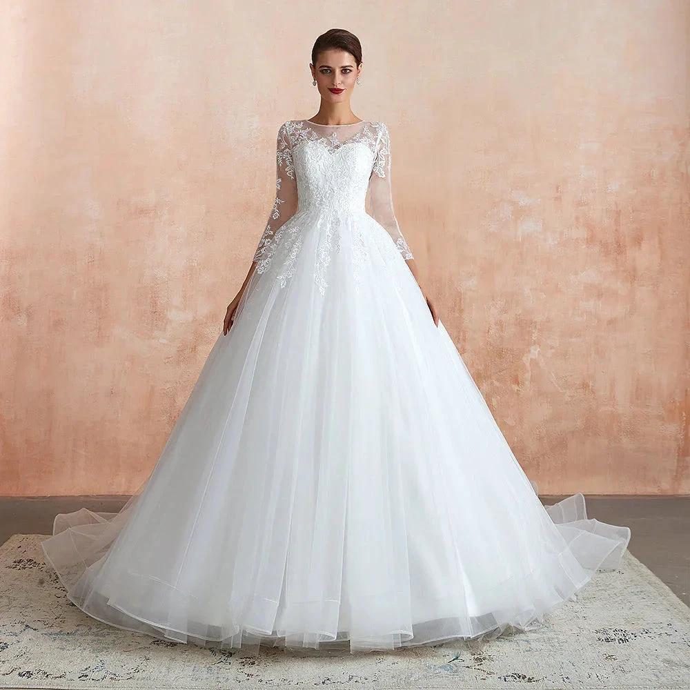 Wonderful Long A-line Appliques Tulle Wedding Dress with Sleeves by BIZTUNNEL