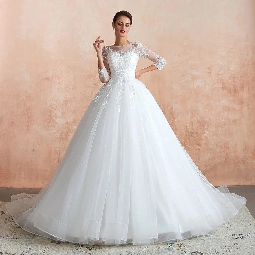 Wonderful Long A-line Appliques Tulle Wedding Dress with Sleeves by BIZTUNNEL