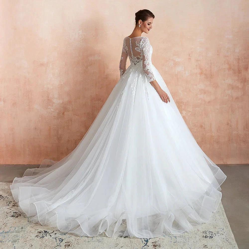 Wonderful Long A-line Appliques Tulle Wedding Dress with Sleeves by BIZTUNNEL