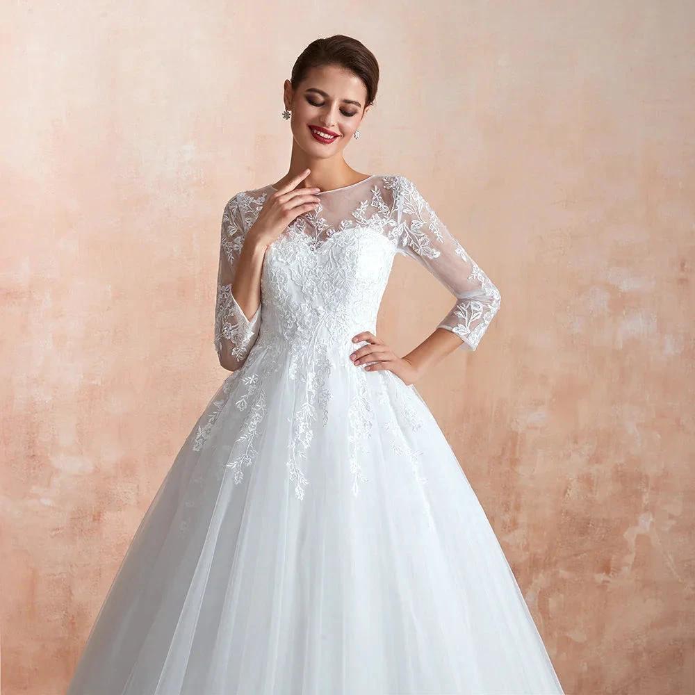 Wonderful Long A-line Appliques Tulle Wedding Dress with Sleeves by BIZTUNNEL