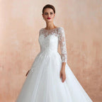 Wonderful Long A-line Appliques Tulle Wedding Dress with Sleeves by BIZTUNNEL