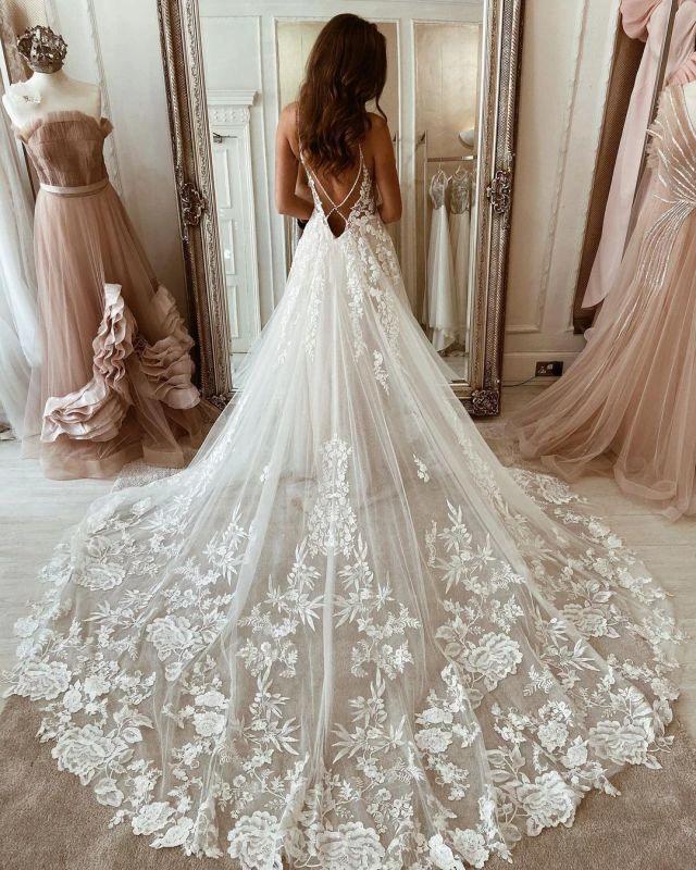 Wonderful Spaghetti Straps Appliques Tulle A-Line Wedding Dresses by misshow.com