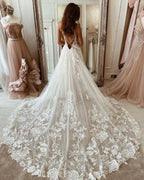 Wonderful Spaghetti Straps Appliques Tulle A-Line Wedding Dresses by misshow.com