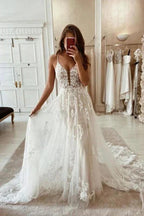 Wonderful Spaghetti Straps Appliques Tulle A-Line Wedding Dresses by misshow.com