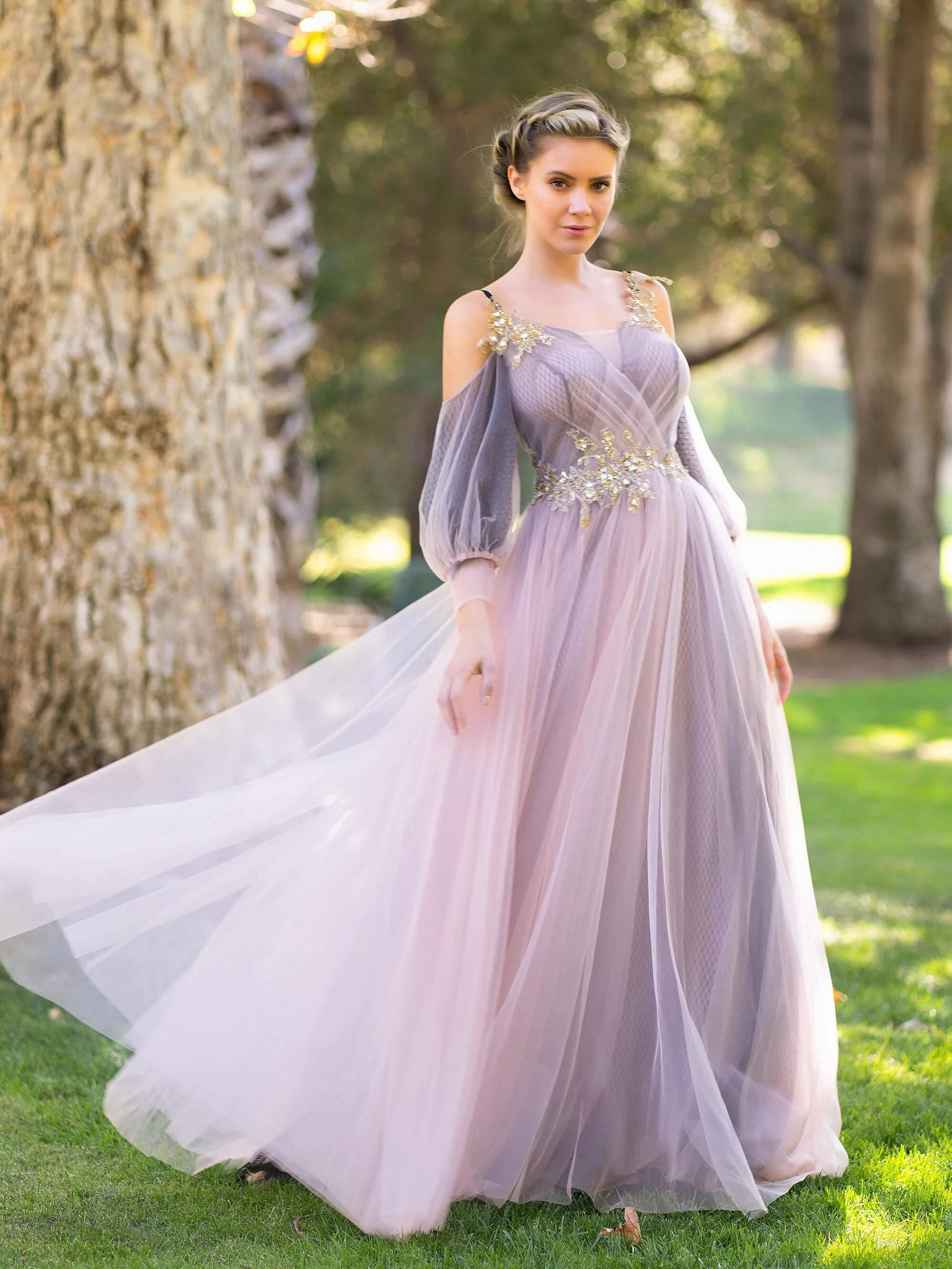 Wrap Top Tulle Half-Sleeve Appliques Prom Dresses by Anne of Brittany