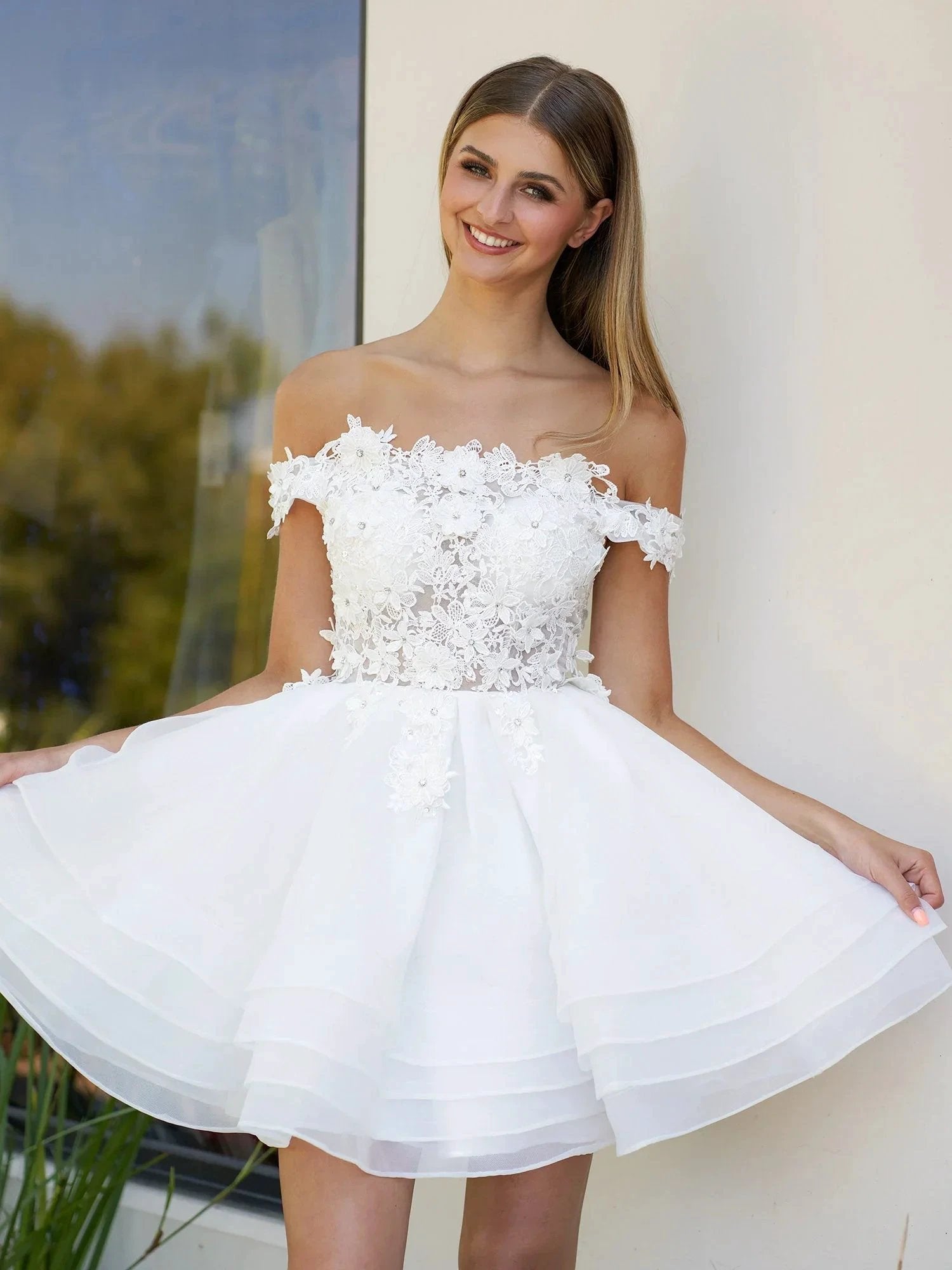 A-Line Lace Organza Appliqued Off-the Shoulder Prom Dress by KissProm