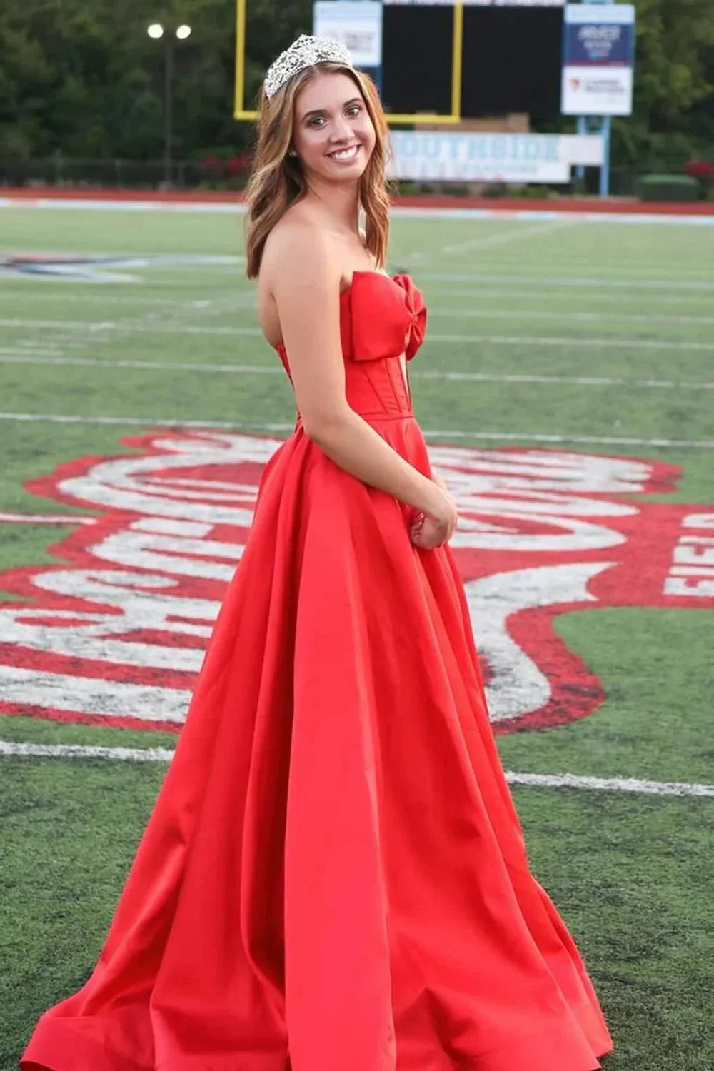 Xanthia | A-Line Strapless Bow Empire-Waist Sleeveless Satin Long Prom Dress with Slit by KissProm