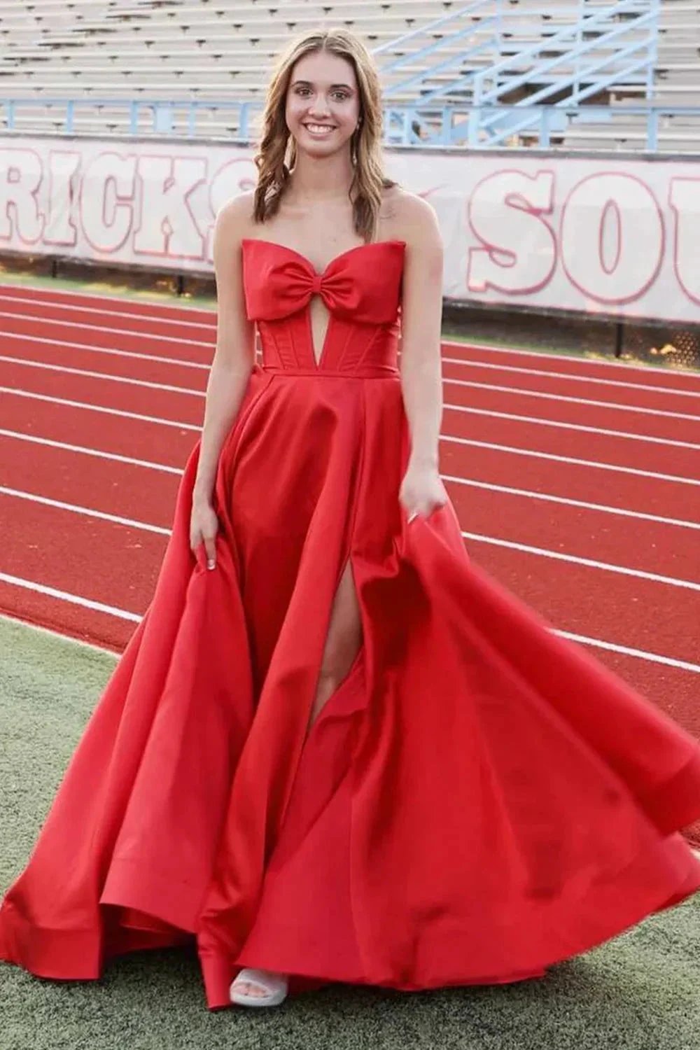 Xanthia | A-Line Strapless Bow Empire-Waist Sleeveless Satin Long Prom Dress with Slit by KissProm