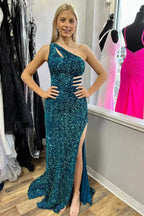 Xaviera | One-Shoulder Turquoise Sequin Keyhole Long Prom Dress with Slit by KissProm