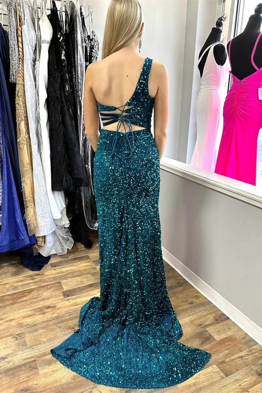 Xaviera | One-Shoulder Turquoise Sequin Keyhole Long Prom Dress with Slit by KissProm
