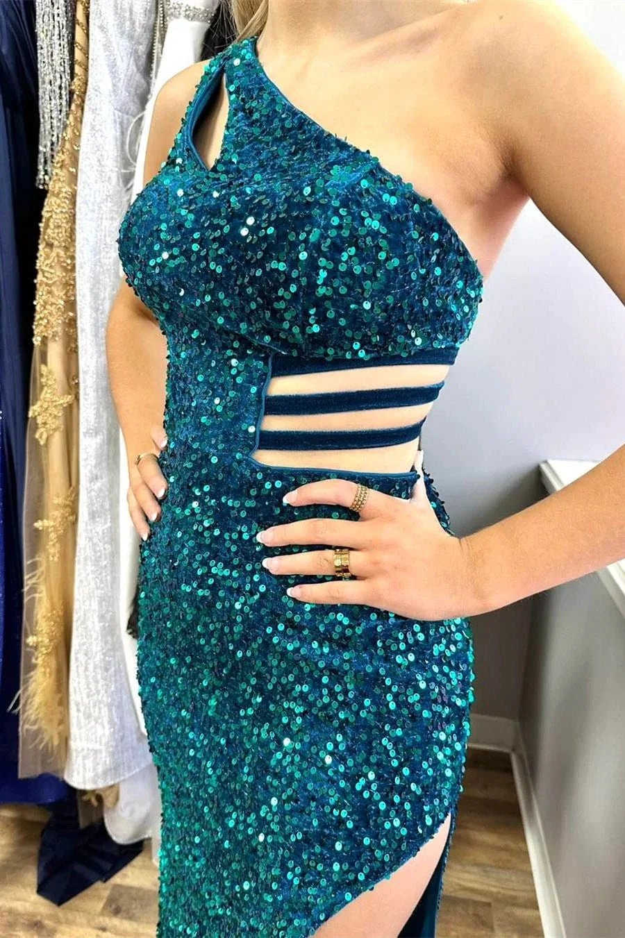 Xaviera | One-Shoulder Turquoise Sequin Keyhole Long Prom Dress with Slit by KissProm