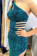 Xaviera | One-Shoulder Turquoise Sequin Keyhole Long Prom Dress with Slit by KissProm