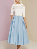 A-Line/Princess Jewel Neck Half Sleeve Tea Length Mother of the Bride Dresses with Pockets Pleats by Dreamylily
