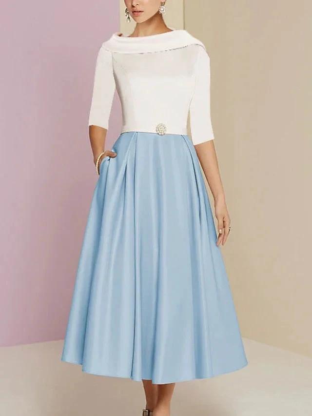 A-Line/Princess Jewel Neck Half Sleeve Tea Length Mother of the Bride Dresses with Pockets Pleats by Dreamylily