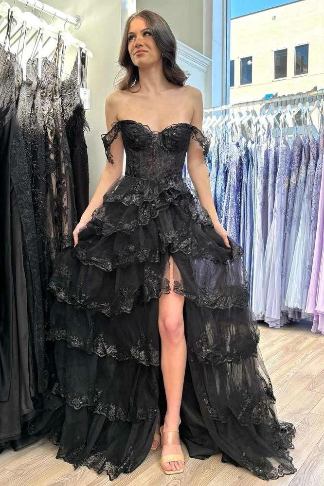Yaiiua | Black Off the Shoulder Lace Appliques Tiered Prom Dress with Slit by KissProm
