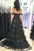 Yaiiua | Black Off the Shoulder Lace Appliques Tiered Prom Dress with Slit by KissProm
