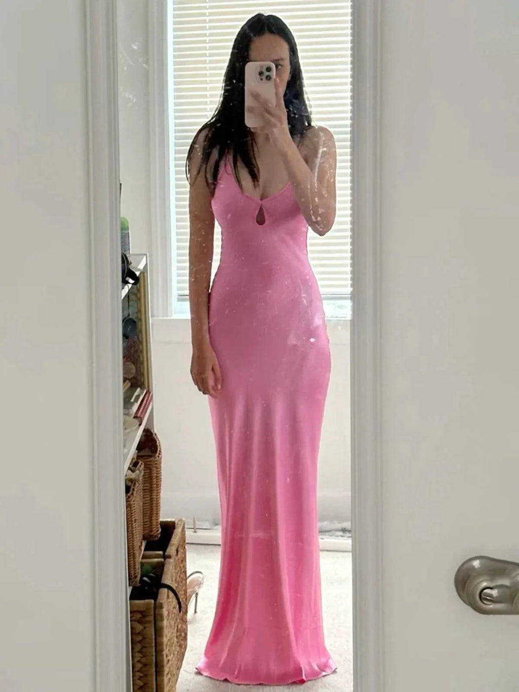 Yamileth | Scoop Neck Pink Sheath Satin Long Prom Dress by KissProm