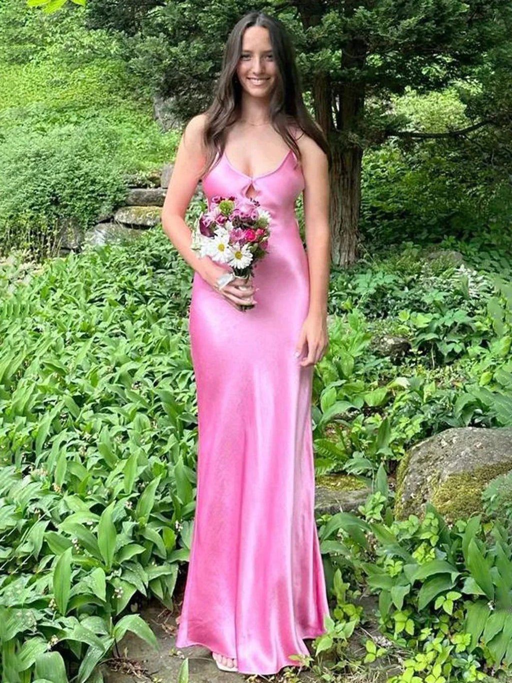 Yamileth | Scoop Neck Pink Sheath Satin Long Prom Dress by KissProm