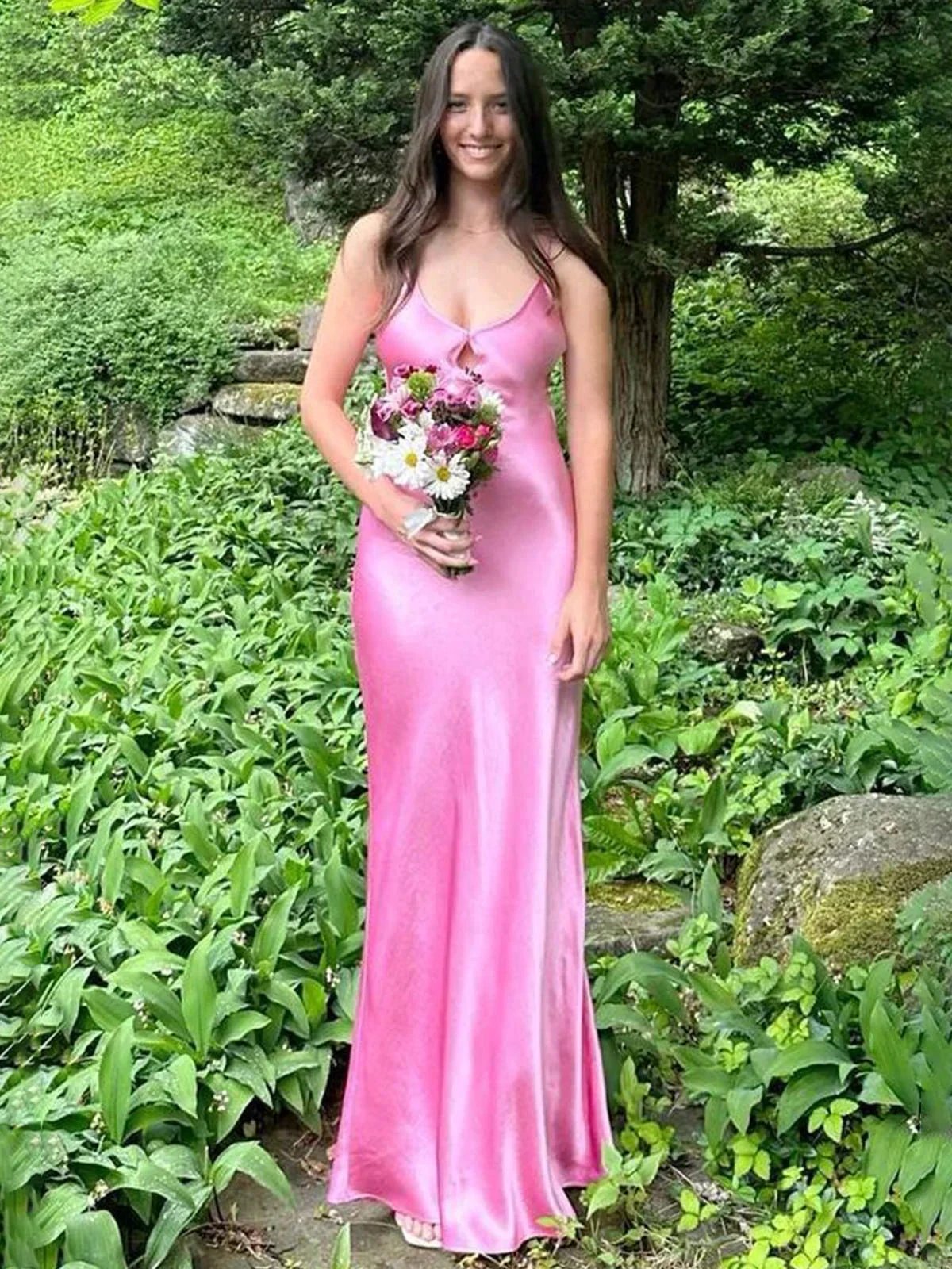 Yamileth | Scoop Neck Pink Sheath Satin Long Prom Dress by KissProm