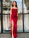 Yana | Burgundy Strapless Satin Mermaid Prom Dress With Appliques by KissProm