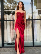 Yana | Burgundy Strapless Satin Mermaid Prom Dress With Appliques by KissProm